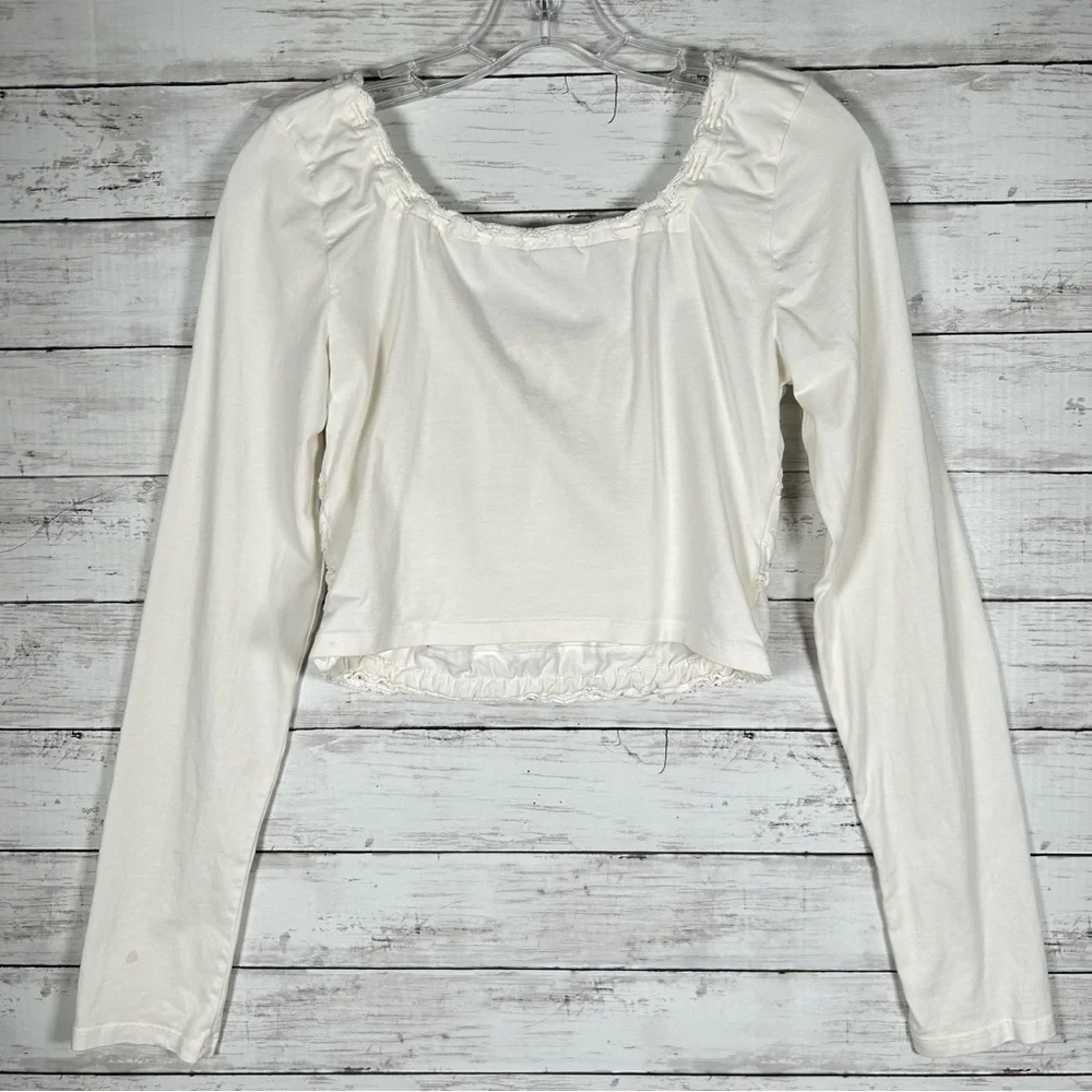 Free People Scarlet Smocked Crop Milkmaid T-shirt Knit Ivory Long Sleeve Top M